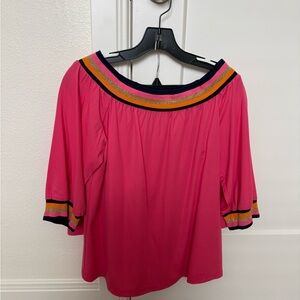 Trina Turk Hot Pink Off-Shoulder Tunic with Navy, Orange & Gold Trim
